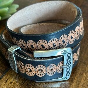 Tooled Genuine Leather Western Belt with Silver-Tone Buckle, Black & Tan